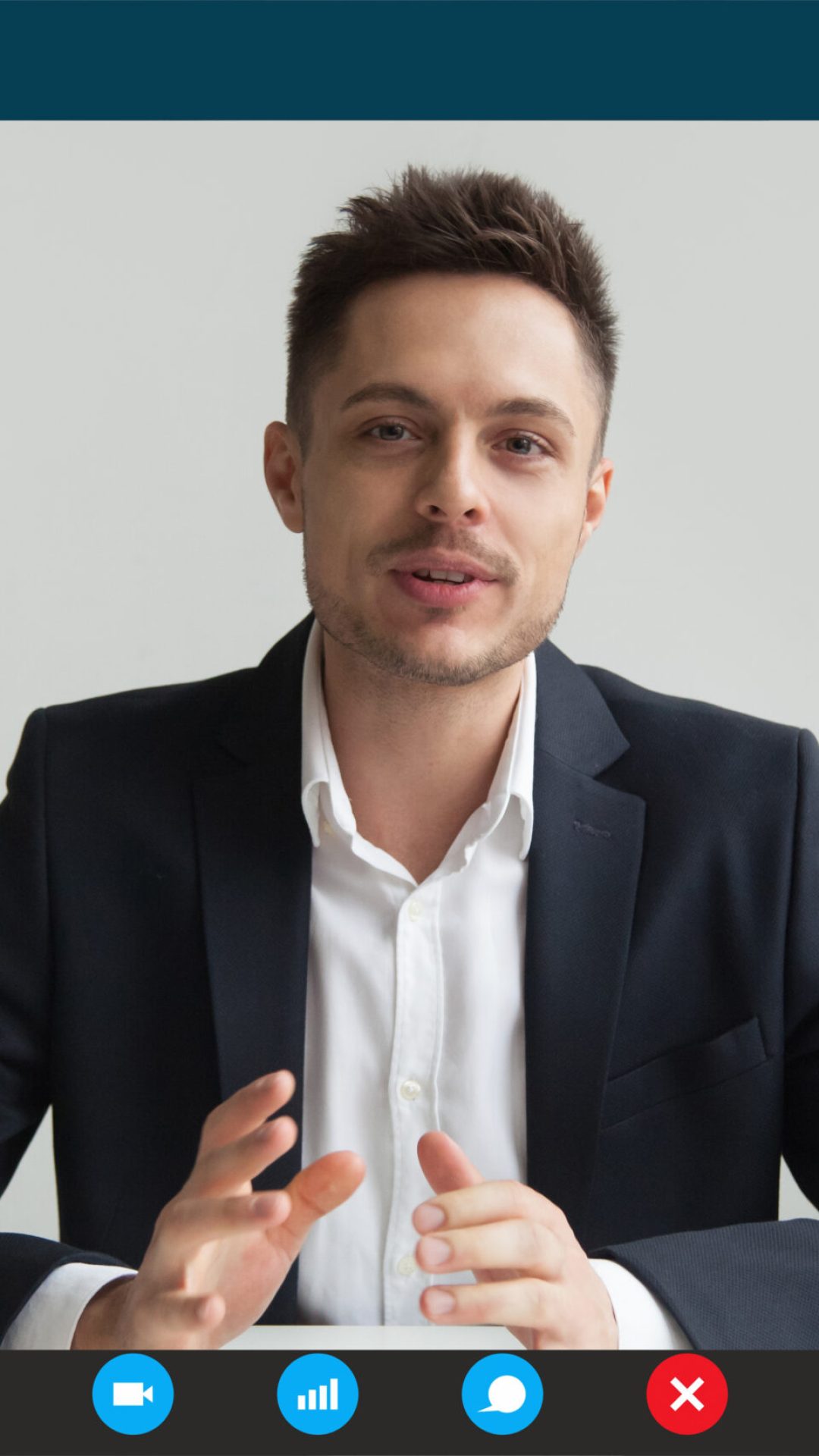 Headshot portrait screen application view of male employee have online interview using Web conference on computer, young businessman speak talk on video call on laptop with partner from home